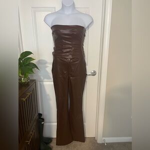 Fashion Nova Chocolate Strapless 2 piece faux leather set flare pants